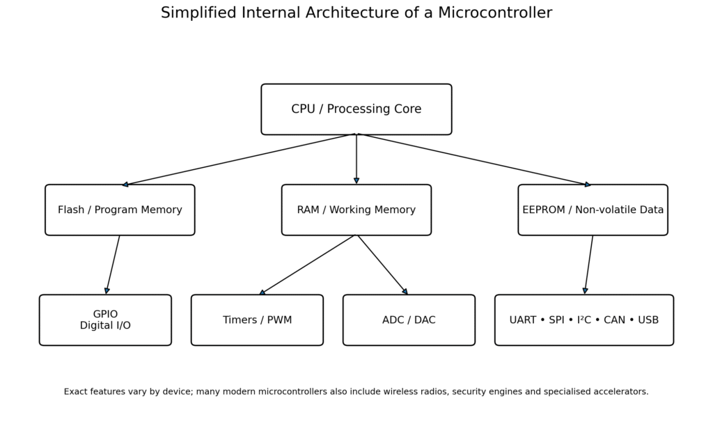 Simplified diagram showing the processor, memory, input and output connections, timers and communication interfaces inside a microcontroller.processor, memory, input and output connections, timers and communication interfaces inside a microcontroller.