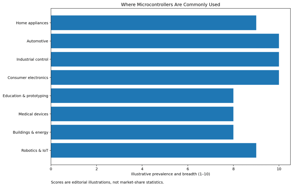 Horizontal bar chart illustrating the broad use of microcontrollers in appliances, vehicles, industrial control, electronics, education, medicine, buildings and robotics.